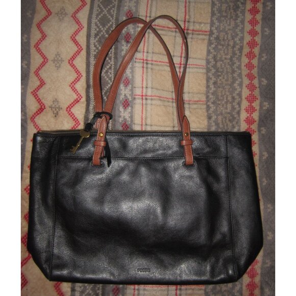 Fossil Large Leather Tote Shoulder Bag Handbag Purse Black Brown Zipper Pockets - Picture 1 of 4